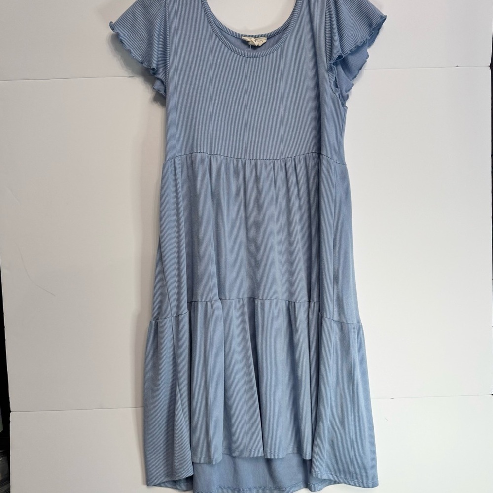 Blue Ribbed Tiered Flutter Sleeve Dress Size M